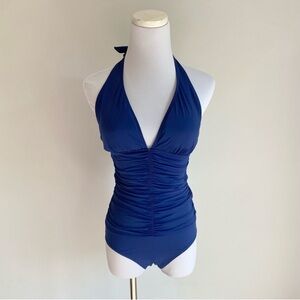 Tart Swim Collection Athena Blue Halter Ruched One Piece Swimsuit